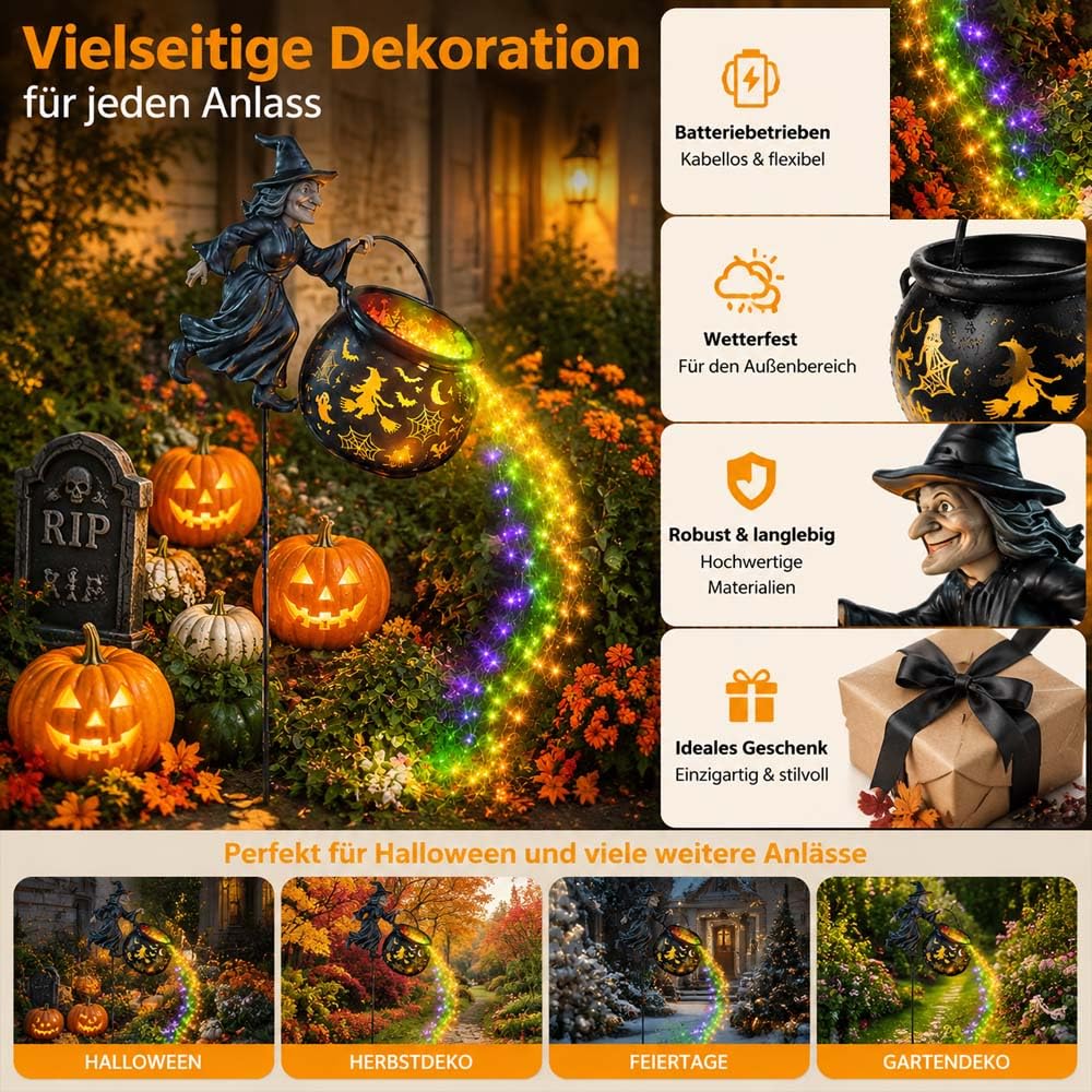 Leuchtender Halloween-Hexenkessel Mit Hexe, Wasserfall-Stil Verzauberter Hexenkessel Gartendekoration,Wasserdichte HäNgende Laterne,FüR Hof Rasen Veranda Party Dekor (1PC)