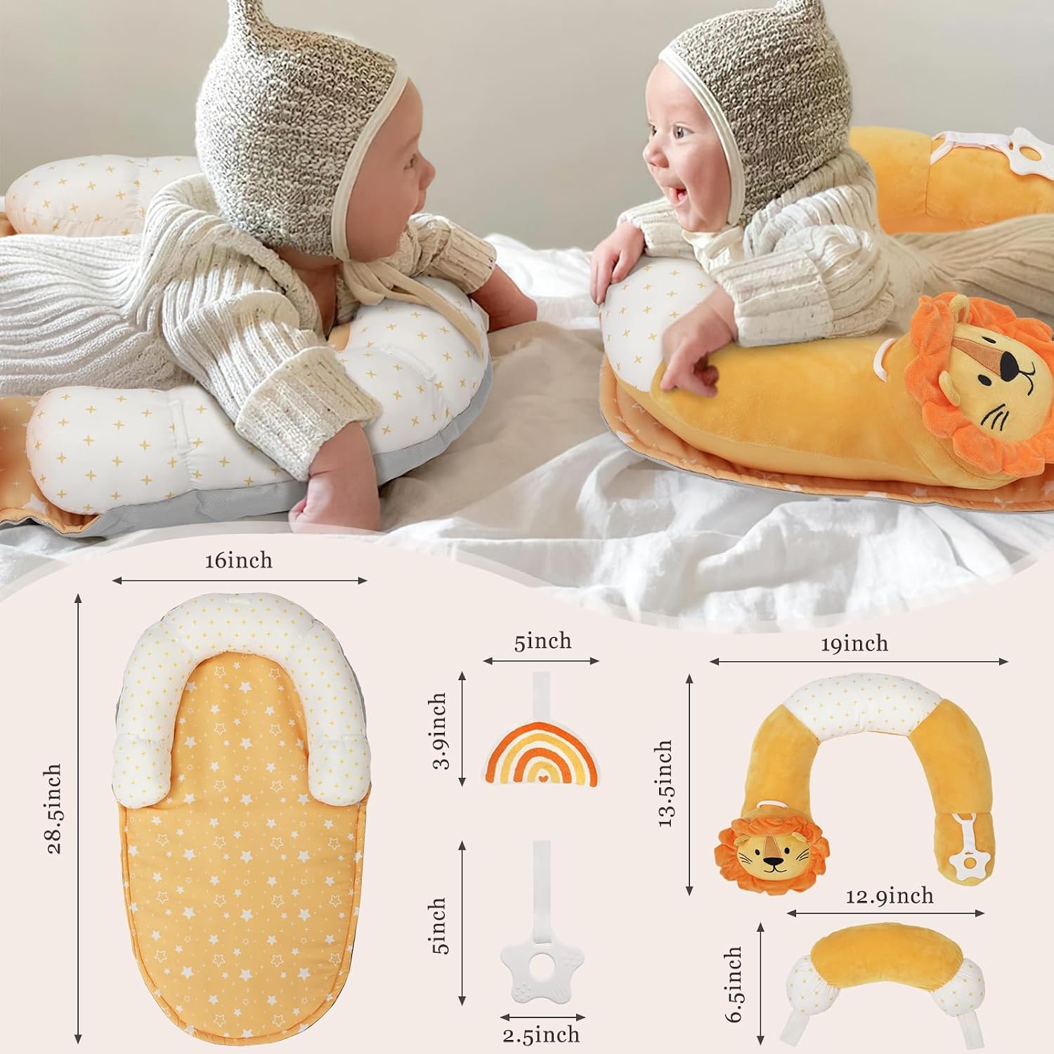 4 in 1 Tummy Time Mat with Educational Cards, Play Mat & Sitting Support for Newborn 0-12 Months, Infant Baby Sit Me Up Floor Seat, Sensory Skills Gifts, Lion