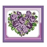 CaptainCrafts Cross Stitch Kits Counted Cross Stitch Unprinted 14CT Fabric Cross Stitching DIY Art DMC Needlecrafts Embroidery Kit for Adults Beginner (White, Rose Heart Purple)