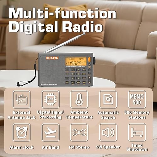 Miniatura 3 de XHDATA R108 Radio portátil AMFMSWLWAirband Receptor de radio de onda corta con batería con buena recepción, gran altavoz de sonido estéreo