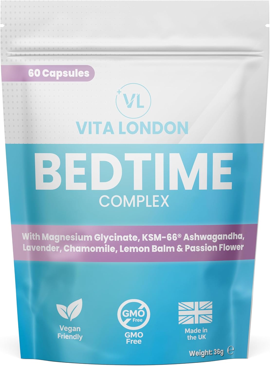 Vita London Bedtime Complex – 60 Capsules with Magnesium Glycinate, KSM-66® Ashwagandha, Lemon Balm, Chamomile, Passion Flower & Lavender for Sleep – Vegan, Non-GMO, UK Made