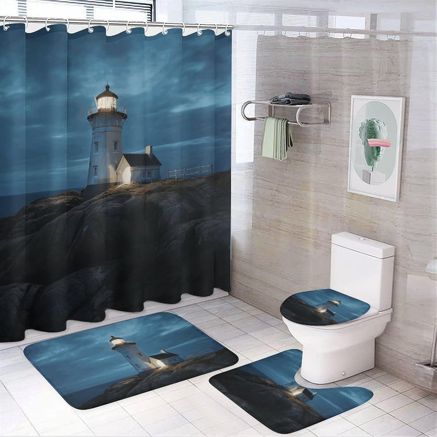 Lighthouse at Night Shower Curtain Set 4 Piece, Non-Slip Bath Mat with Toilet Lid Cover and Waterproof Shower Curtain with 12 Hooks, Complete Bathroom Set for Home Decor