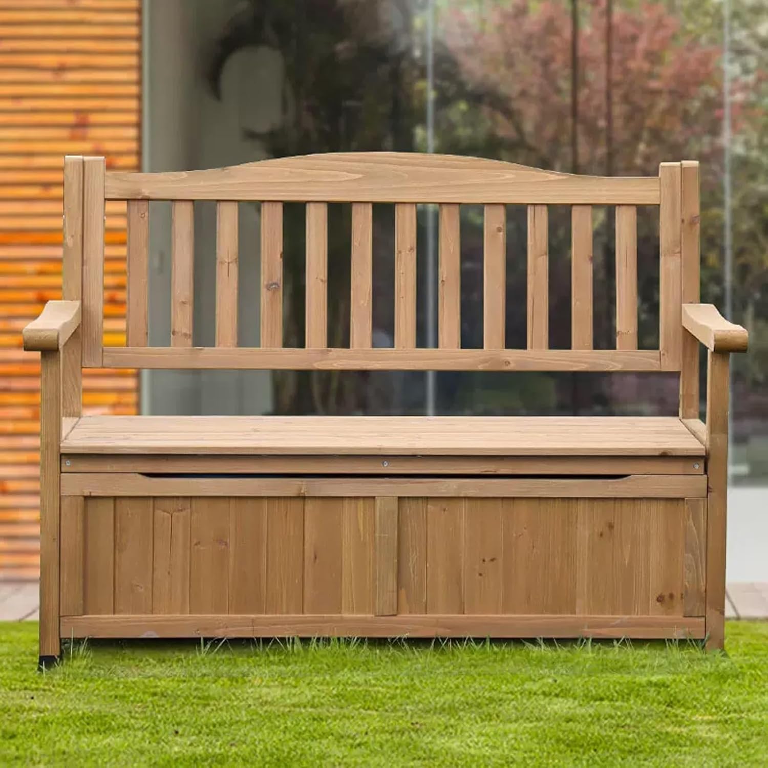 Solid Wood Garden Bench, Outdoor Storage Bench, Patio Porch Bench, Park Bench with Back and Armrest, for Porch, Yard, Lawn, Garden (Color : Wood Color)