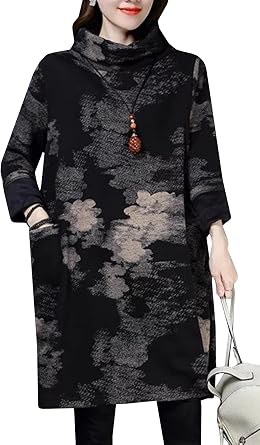 MengFan Women's Autumn Winter Long Tunic Sweatshirt, Large Size, High Neck, Oversized Top, Pullover, Fashionable, Loose Fit, Turtleneck, Long-Sleeve, Slimming