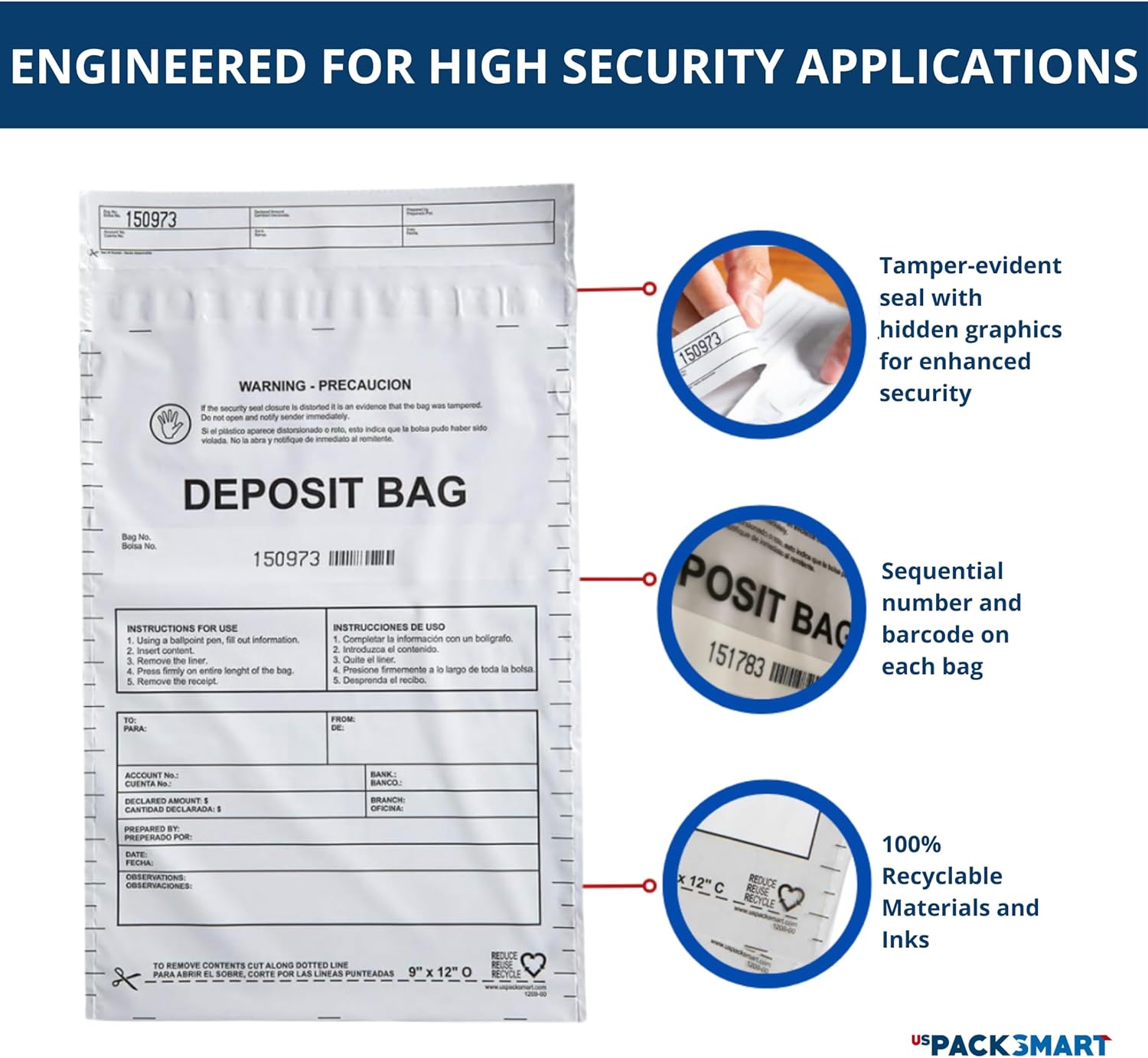 Opaque Plastic Deposit Bags 9"x12" | Secure Bank Deposits, Cash Handling or Safe Currency Transportation | Sequential Barcodes | Tamper-Evident | Tear-Off Receipt for Security | 100-Pack - Image 3