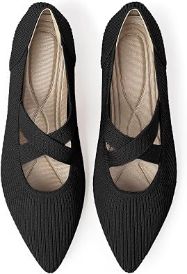 TINGRISE Womens Mary Jane Flats Knit Ballet Flats for Women Pointed Toe Dressy Comfortable Slip-On Flats Shoes for Work Casual