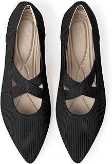 TINGRISE Womens Mary Jane Flats Knit Ballet Flats for Women Pointed Toe Dressy Comfortable Slip-On Flats Shoes for Work Casual