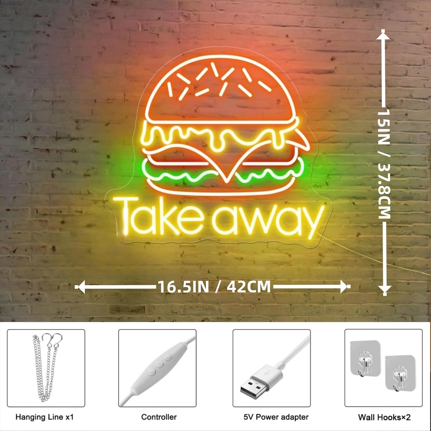 Burger Take Away Neon Sign Hamburger Neon Light Custom Burger Restaurant Logo LED Sign Fast Food Shop Decor Burger Wall Art Food Truck Decor, Restaurant Shop Unique Business Fast Food Shop