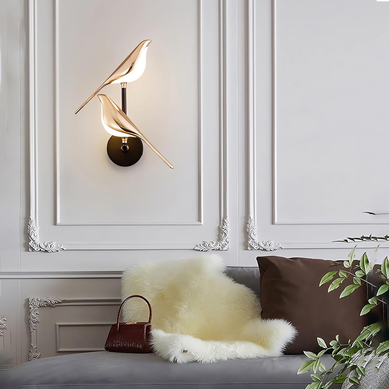 Modern Birds Wall Lamp Gold Wall Sconces Creative Bird Shap Metal Lamp Body with Acrylic Lampshade with Adjustable Angle Bedside Night Light for Bedroom, Living Room, Kitchen (D11 * H14.9” (2 head))