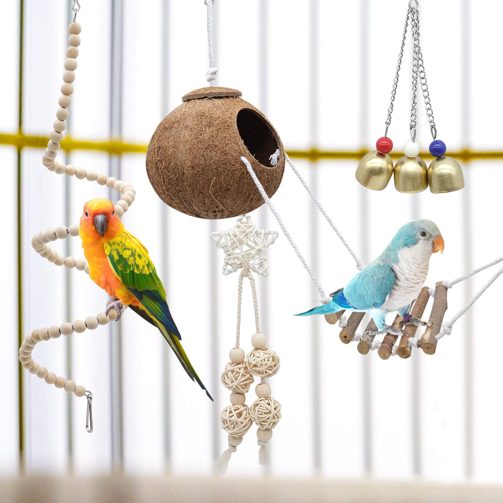 Oiseau Perroquet Jouets 7 Pcs, Cage À Noix De Coco Naturelle avec Échelle, Hamac d'escalade À Balançoire