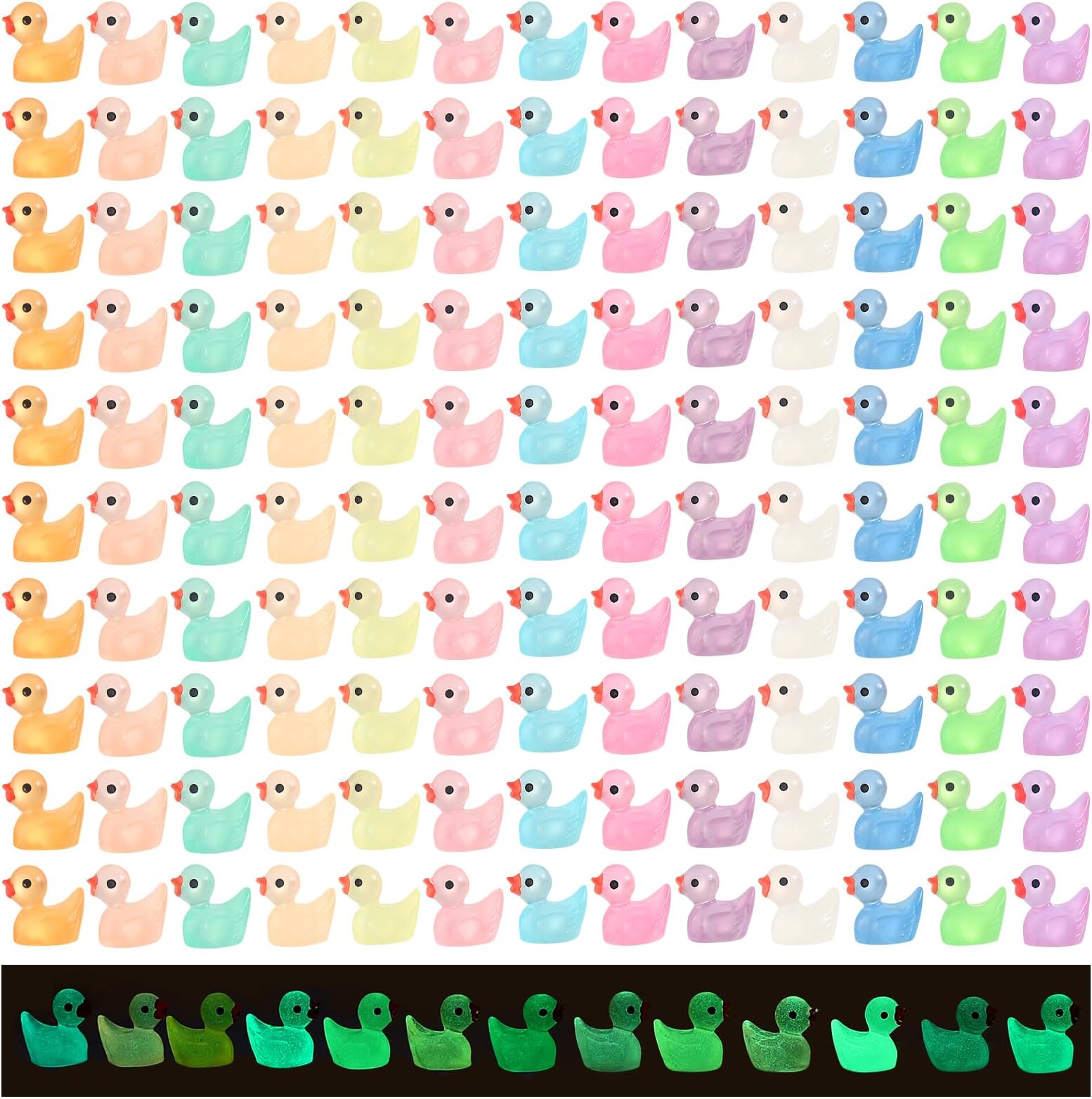 GADIEDIE 130pcs Luminous Mini Resin Ducks,Glow in The Dark Tiny Duck for Home Hide Prank Game Dollhouse Decor Aquarium Potted Miniature Landscape DIY Ornament