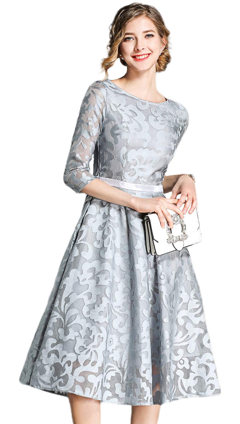 XINUO Women Dresses Spring Fall Vintage Formal Floral Lace A Line Midi Tea Swing Bridesmaid Evening Cocktail Party Dress