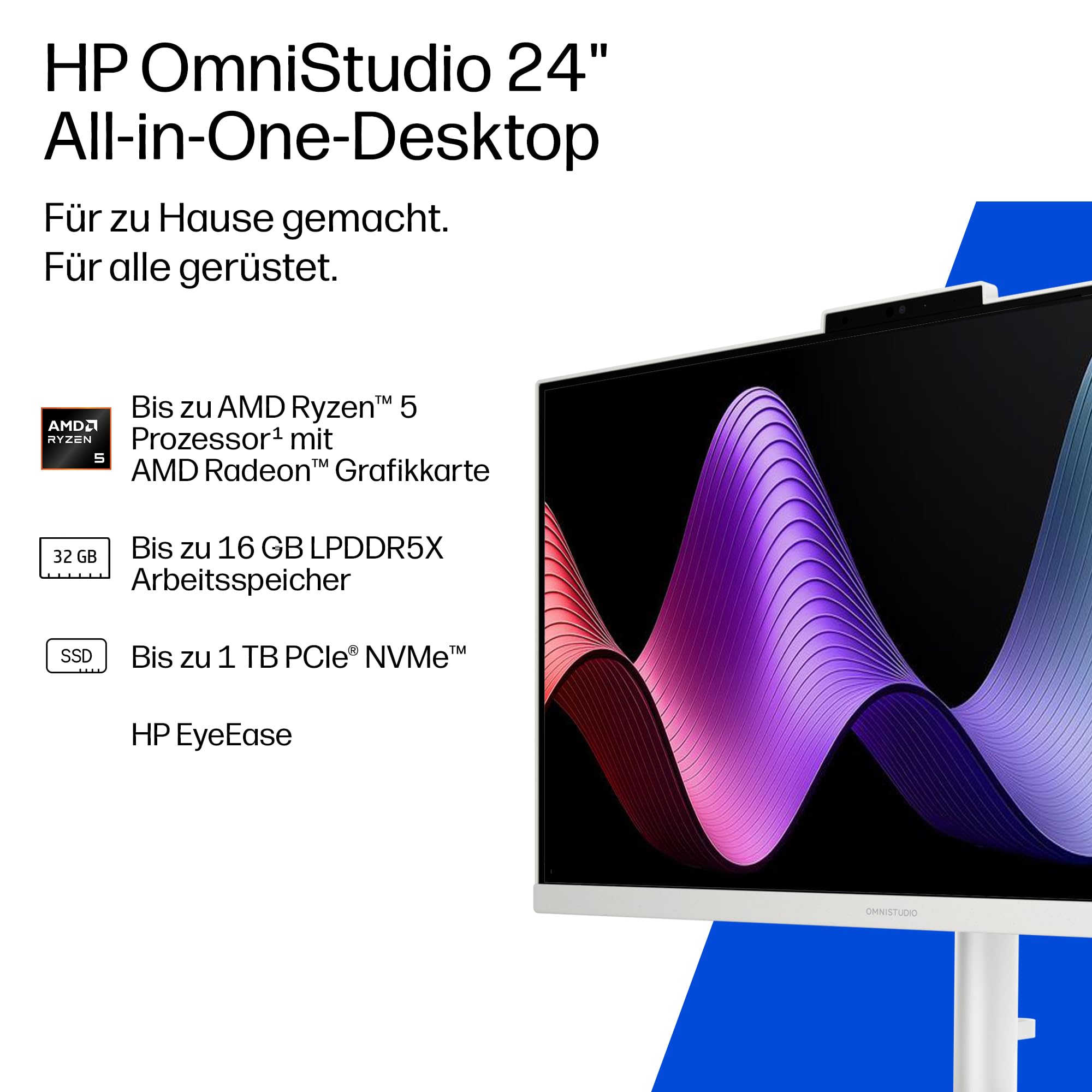 HP OmniStudio 24-cv0217ng All-in-One KI PC, 23,8 Zoll Entspiegeltes FHD IPS Display, AMD Ryzen 5, 16 GB LPDDR5x, 512 GB SSD, AMD Radeon Grafik, Windows 11 Home, QWERTZ Tastatur, Cotton White