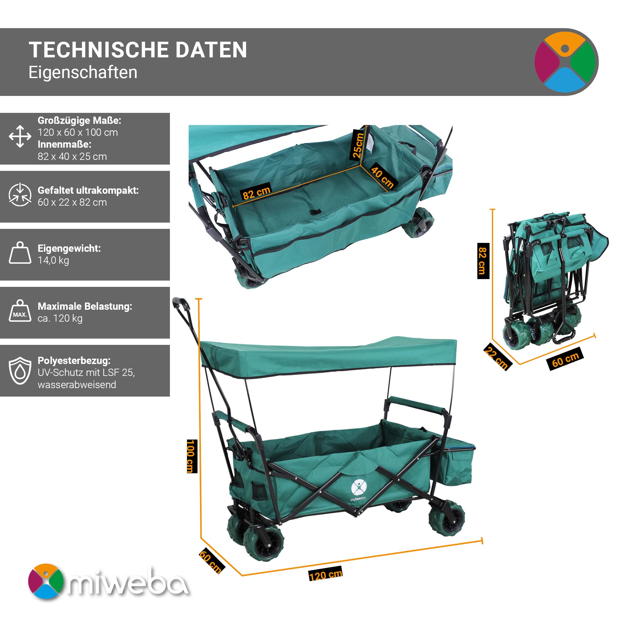 Miweba Bollerwagen faltbar MB-10 | Traglast 100 kg - Kinderwagen mit Dach - Handwagen faltbar - Transportwagen für Kinder - Wagen klappbar - Strandwagen - Gartenwagen - Faltwagen (Hellgrau/Dunkelgrau)