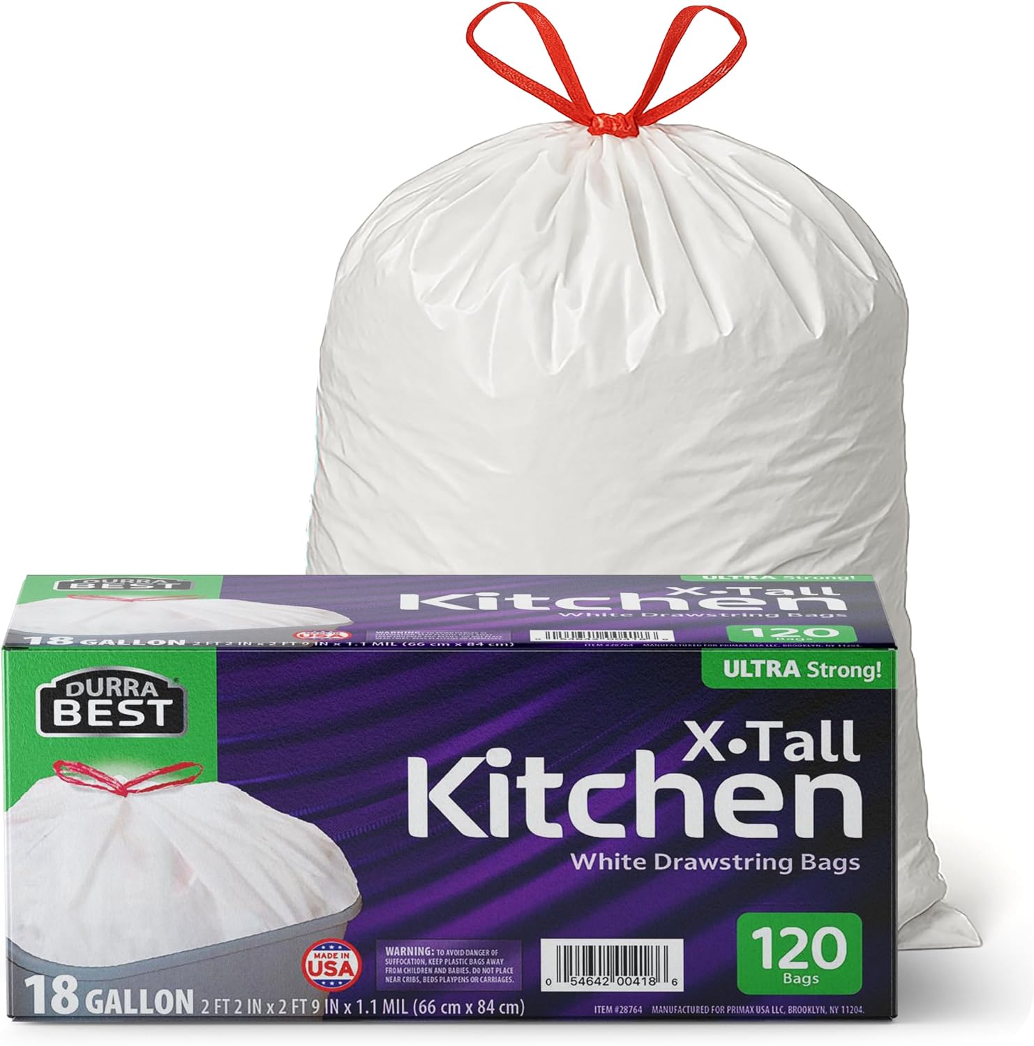 Heavy-Duty Trash Bags – 120 count, 18 Gallon White, Ultra Thick Drawstring Garbage Bags – Leak-Resistant for Home & Commercial Use, Big Trash Bags, Made in USA