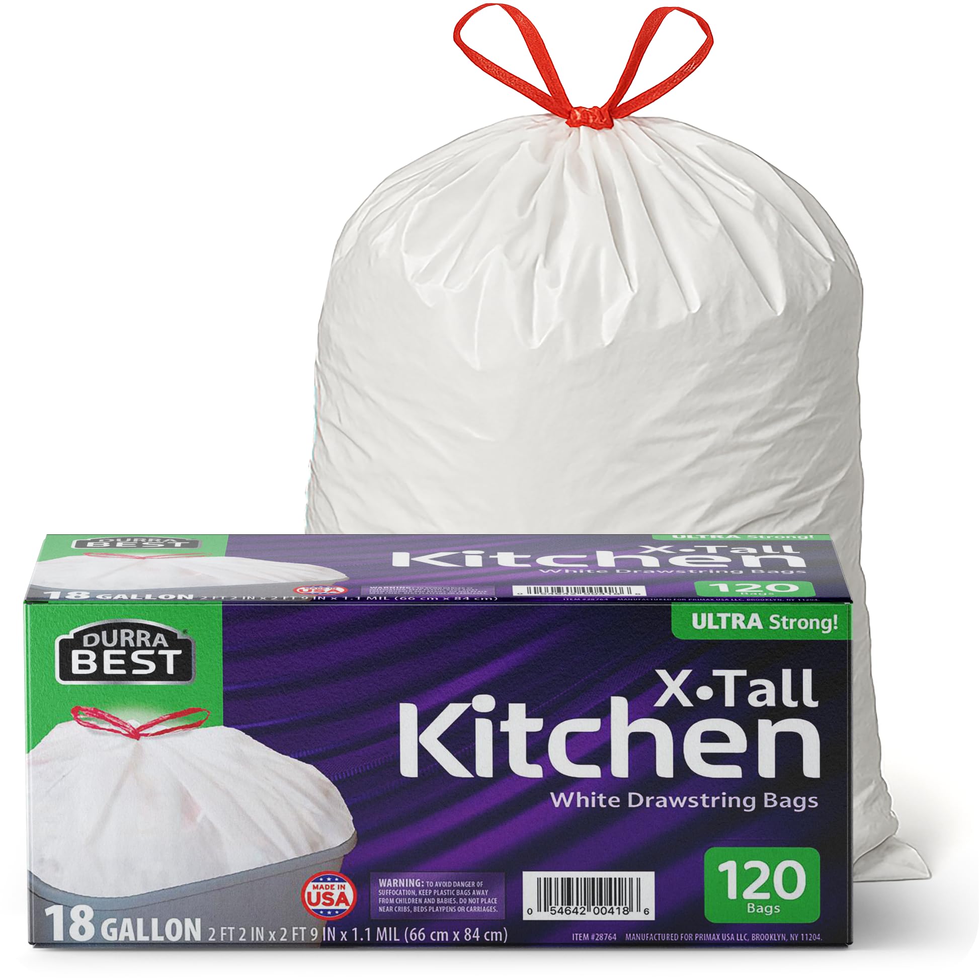 18 Gallon Heavy-Duty Trash Bags – 120 count, White, Ultra Thick Drawstring Garbage Bags – Leak-Resistant for Home & Commercial Use, Big Trash Bags, Made in USA
