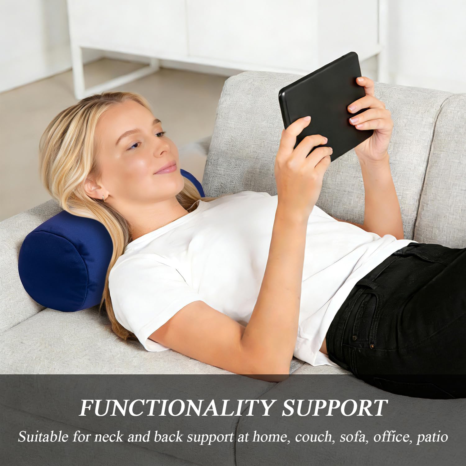 Microbead Bolster Tube Pillows with Double Cover, Squish Bean Bed Microbead Pillow Soft Neck Back Lumbar Support Smooth Cool Touch Comfortable Fabric (Navy Blue)