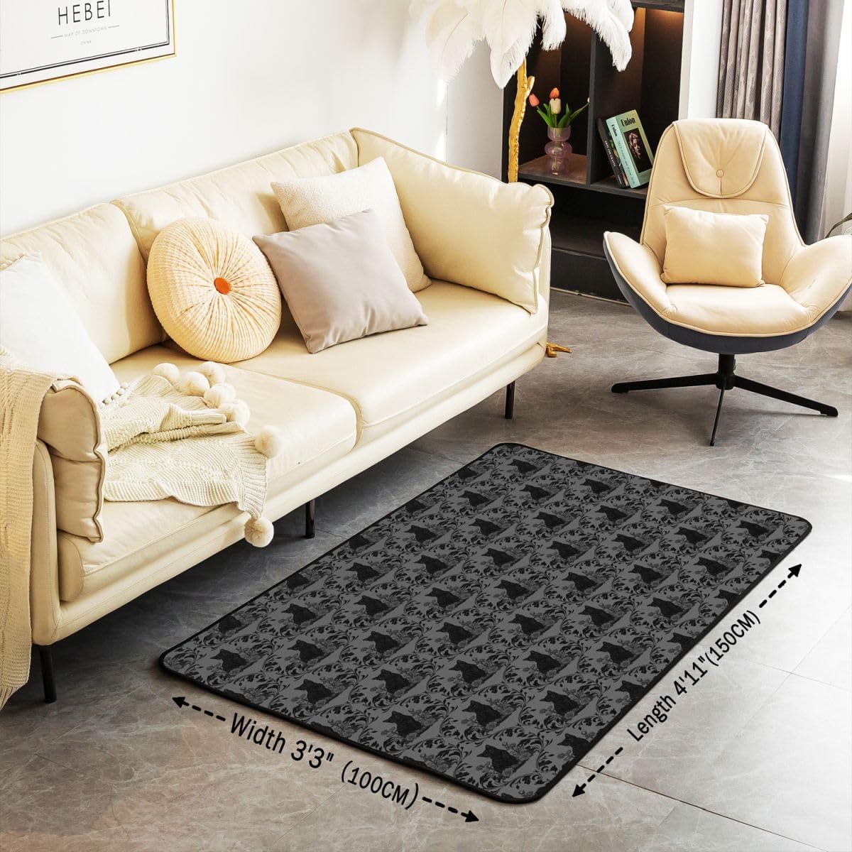 Gothic Black Cat Area Rug 3x5 Charcoal Grey Damask Rugs for Living Room | Goth Vintage Floral Washable Rug, Baroque Victorian Carpet Indoor Floor Mat