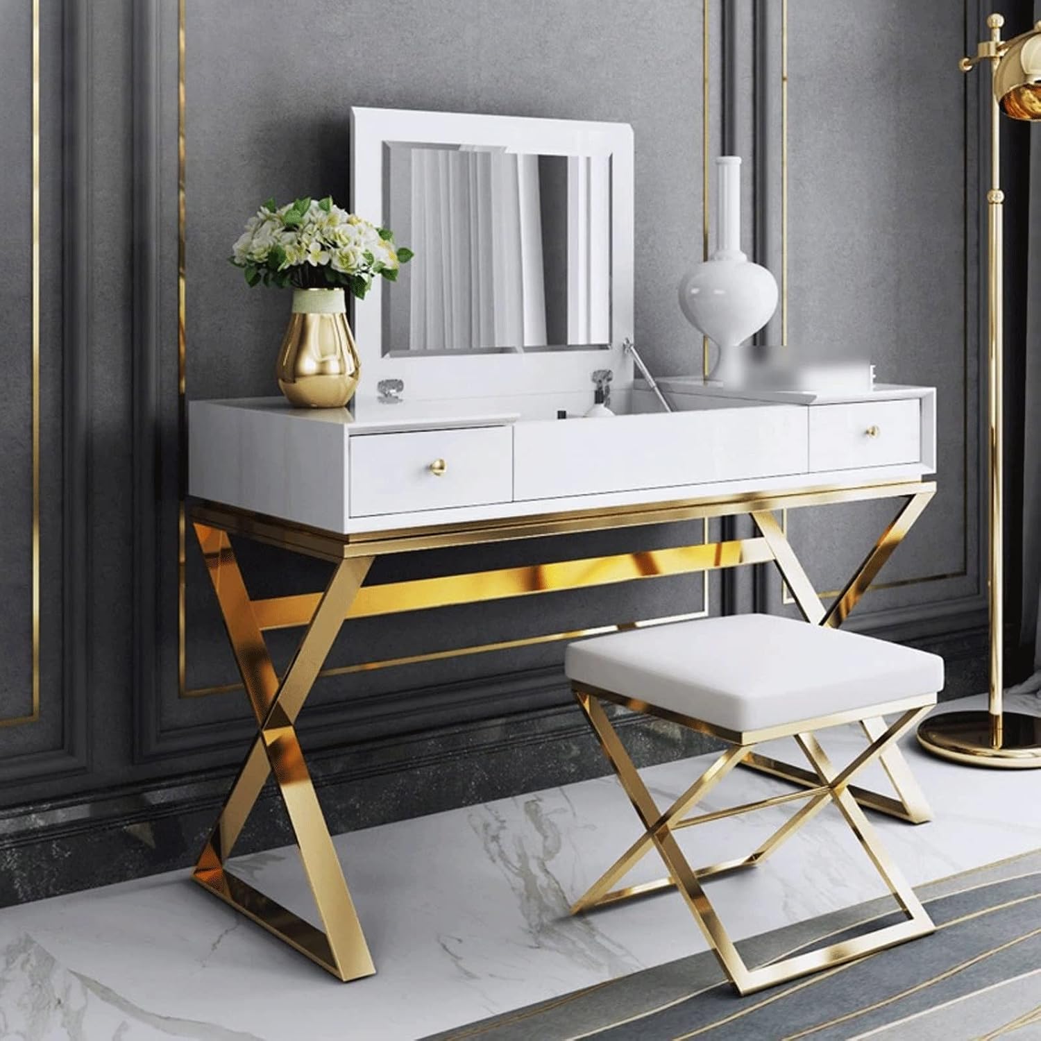 Vanity Benches Light Luxury Dresser Postmodern Paint Bedroom Flip Dresser Table Stool Combination