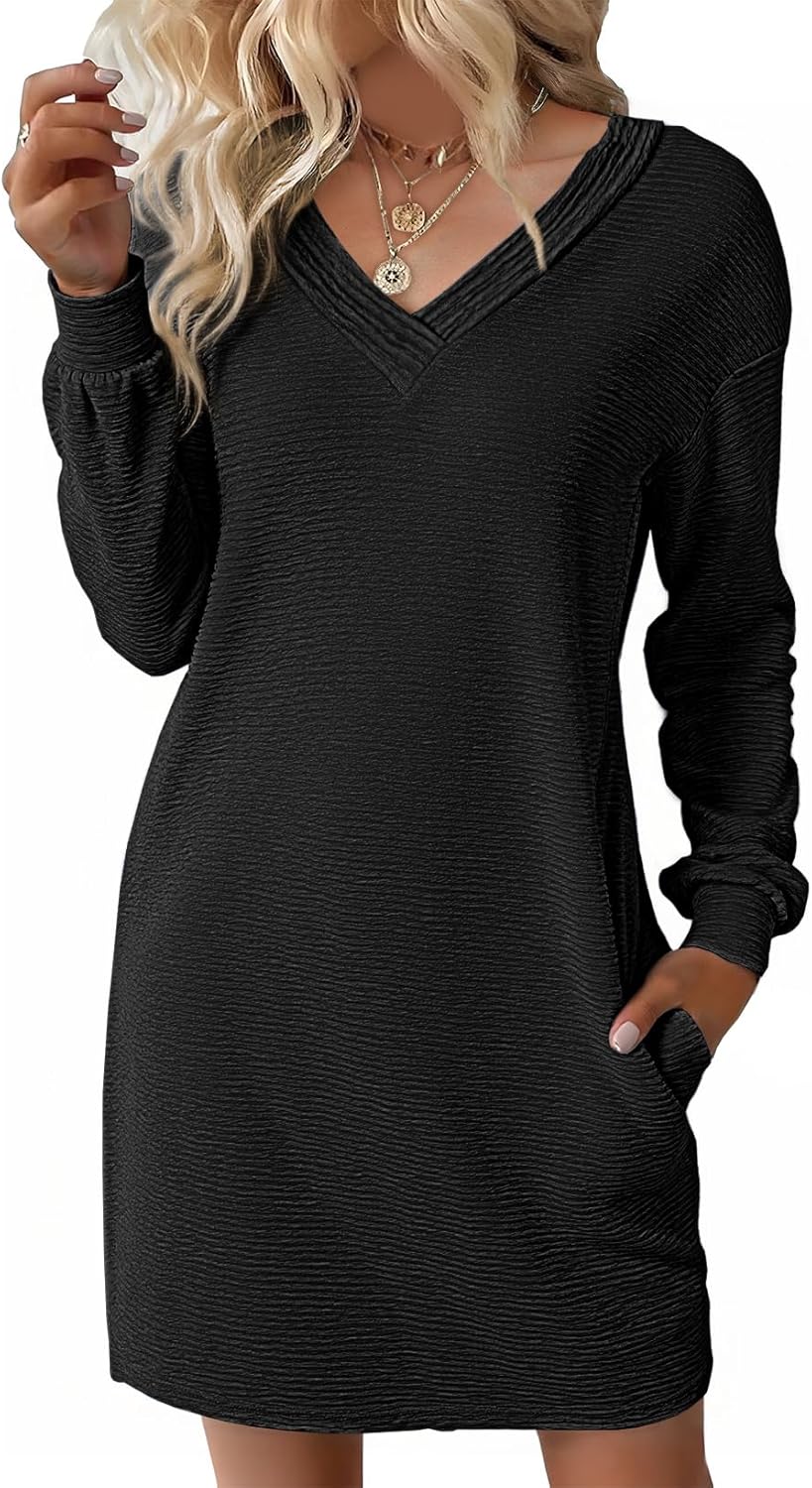 EVALESS Fall Dresses for Women 2025 Fashion V Neck Long Sleeve Summer Mini Dress Solid Casual Beach Vacation Clothes Dresses