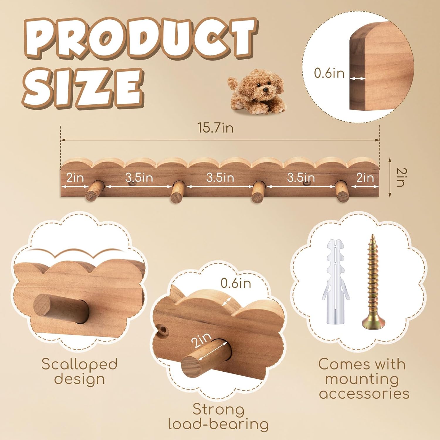 Leinuosen 2 Pack Scalloped Coat Rack Wall Mount Cute Nursery Wall Hook 16 Inch 8 Hooks Wood Backpack Hanger for Toddler Kids Clothes Hat Towel Keys Bathroom Classroom Playroom Nursery Decor