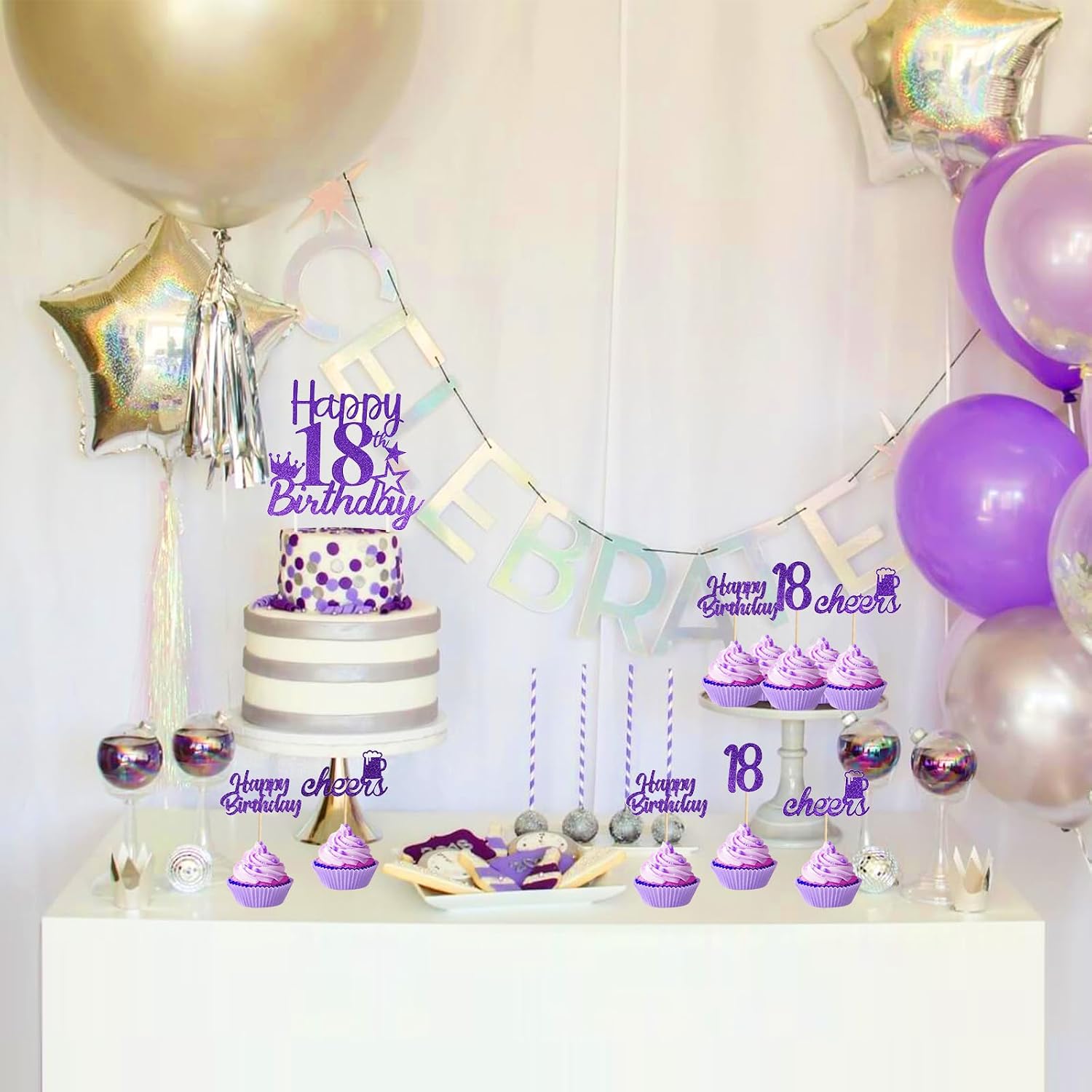 18th Birthday Cake Topper Purple 18 Pack, Happy 18th Birthday Cake Picks Sticks, hello 18 Cupcake Toppers for Girl, Eighteen Years Old Birthday Party Decorations Supplies