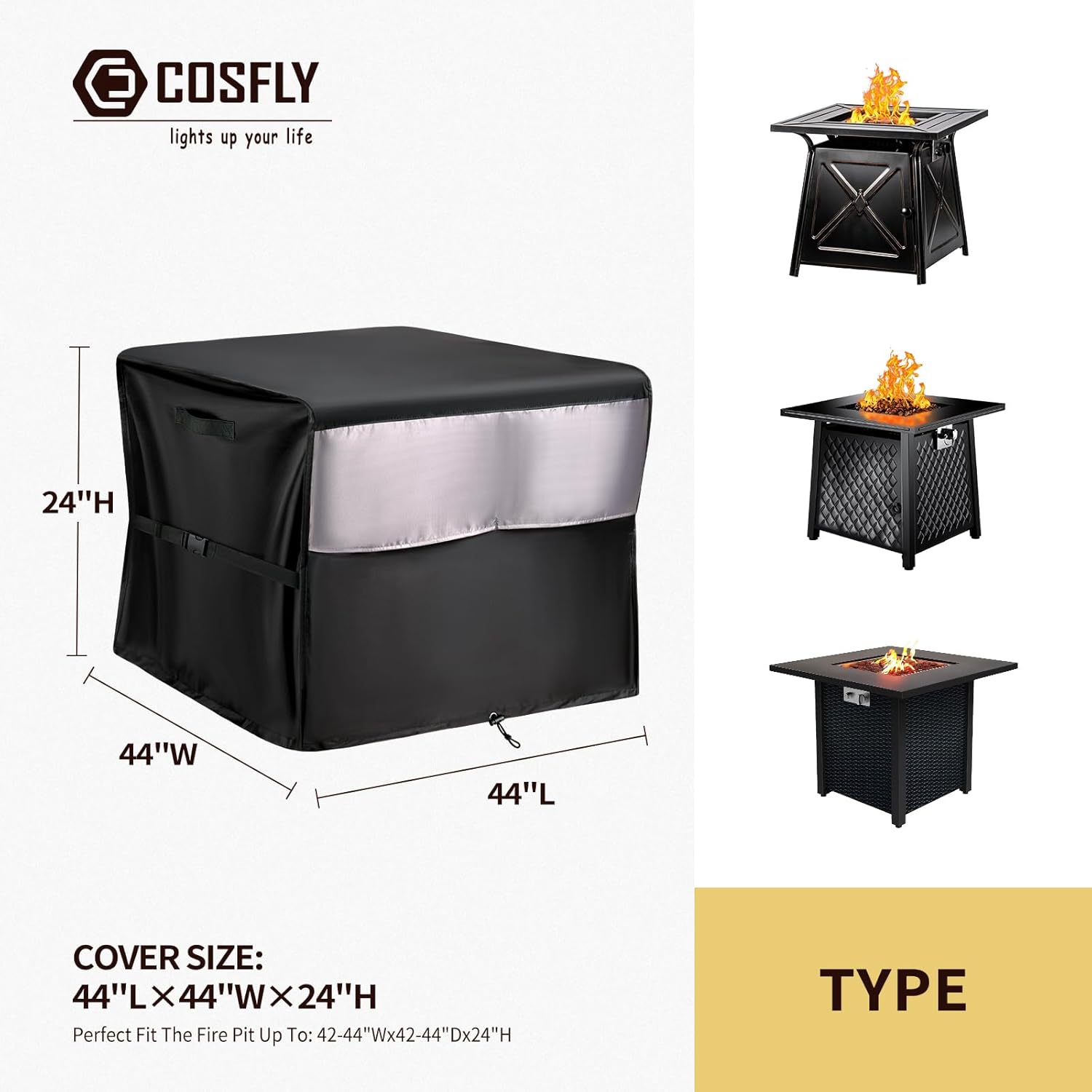 COSFLY Heavy Duty Fire Pit Covers Square Waterproof 44x24 Inch, Tear-Resistant Triple-Layer Reinforced Oxford Fabric with Adjustable Straps Fits for 40-44 Inch Fire Table, Black &Grey