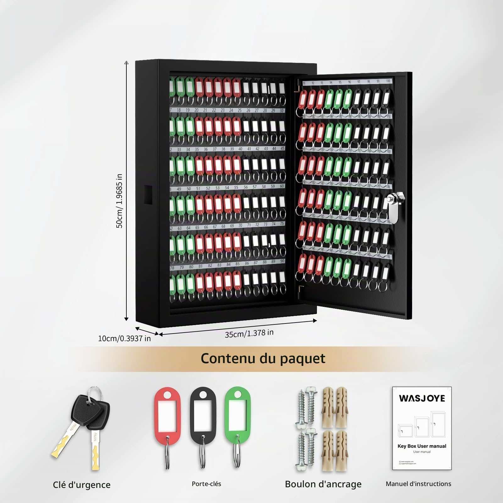 WASJOYE Armoire à Clés 150 Positions, Boîte à Clés antivol avec Etiquettes, Organiseur de Clés Mural Réglable pour Voiture, Bureau, Maison, Garage, Location