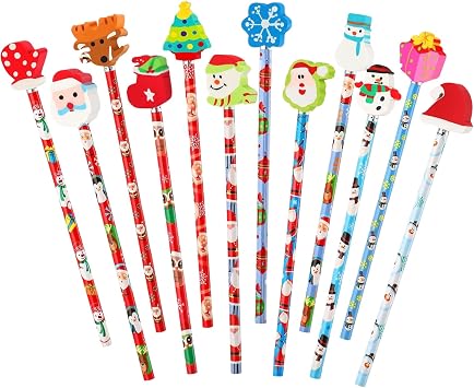 Christmas Pencils with Giant Eraser Assortment Christmas Themed Pencil Wooden Pencils for Christmas Party Supplies Xmas Stocking Stuffers, 12 Style 12