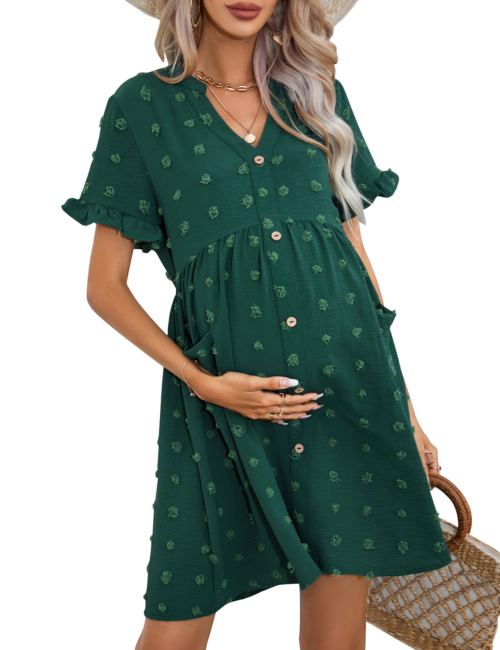 KOJOOIN Maternity Swiss Dot Dress Summer V Neck Short Sleeve Button Down Mini Dress Baby Shower Photoshoot with Pockets