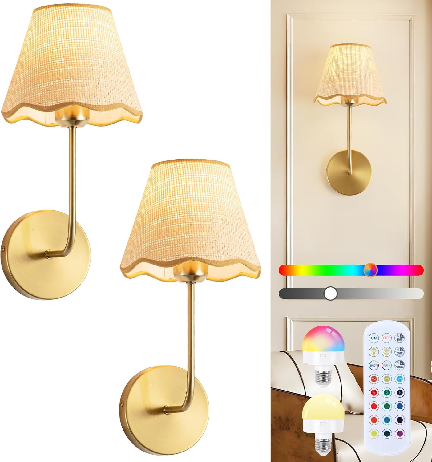 Lampada da parete boho lampada da parete vintage senza fili, dorata dimmerabile 3CCT+RGB con telecomando lampada da camera da letto a batteria LED con ricarica USB lampada da comodino in rattan
