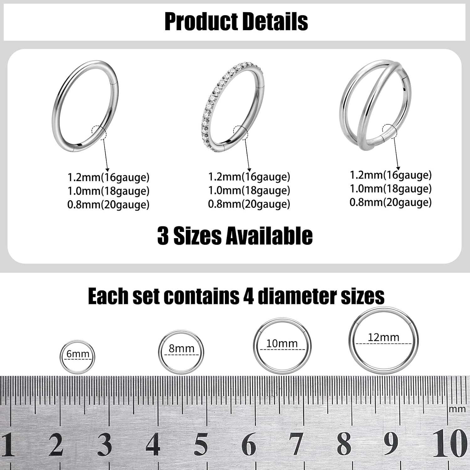 Nose Rings Hoops 16G 18G 20G Surgical Steel Nose Ring Set for Women Men, 7mm 8mm 9mm 10mm Seamless Hinged Clicker Nose Hoop, Cartilage Septum Helix Tragus Earrings