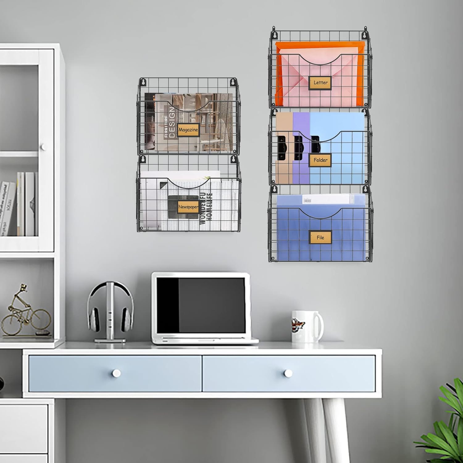 X-cosrack Stackable Hanging Wall Files Rack & 5-Tier Over the Door File Organizer Wall File Holder with Tag Slot for Office Home and Work Easy Organizing-ft (5-Tier Wall File Holder)