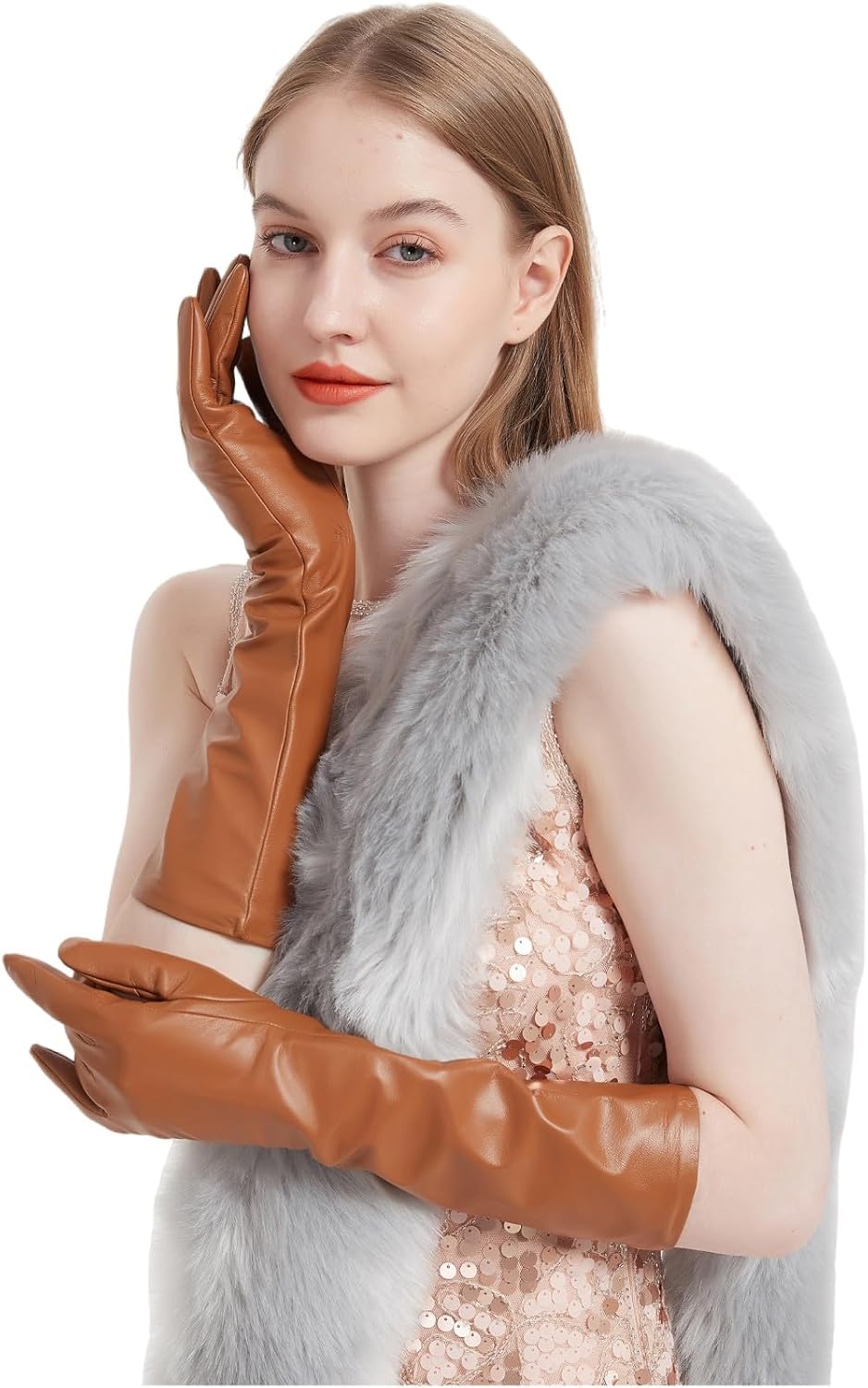 Women 15.75" Long Leather Gloves Under Elbow Length Genuine Lambskin Touch Screen Gloves - Image 7