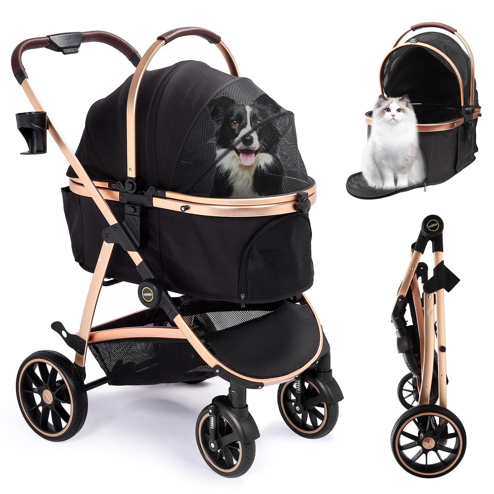 DAISTERN Carro para Perro 3 en 1 25KG, Carrito Gato Plegable de Viaje Mascotas con Marco de Aleación Alúmina Anódica 360 °Neumáticos de Goma Giratorios Gran Capacidad de Almacenamiento Tela de Oxford