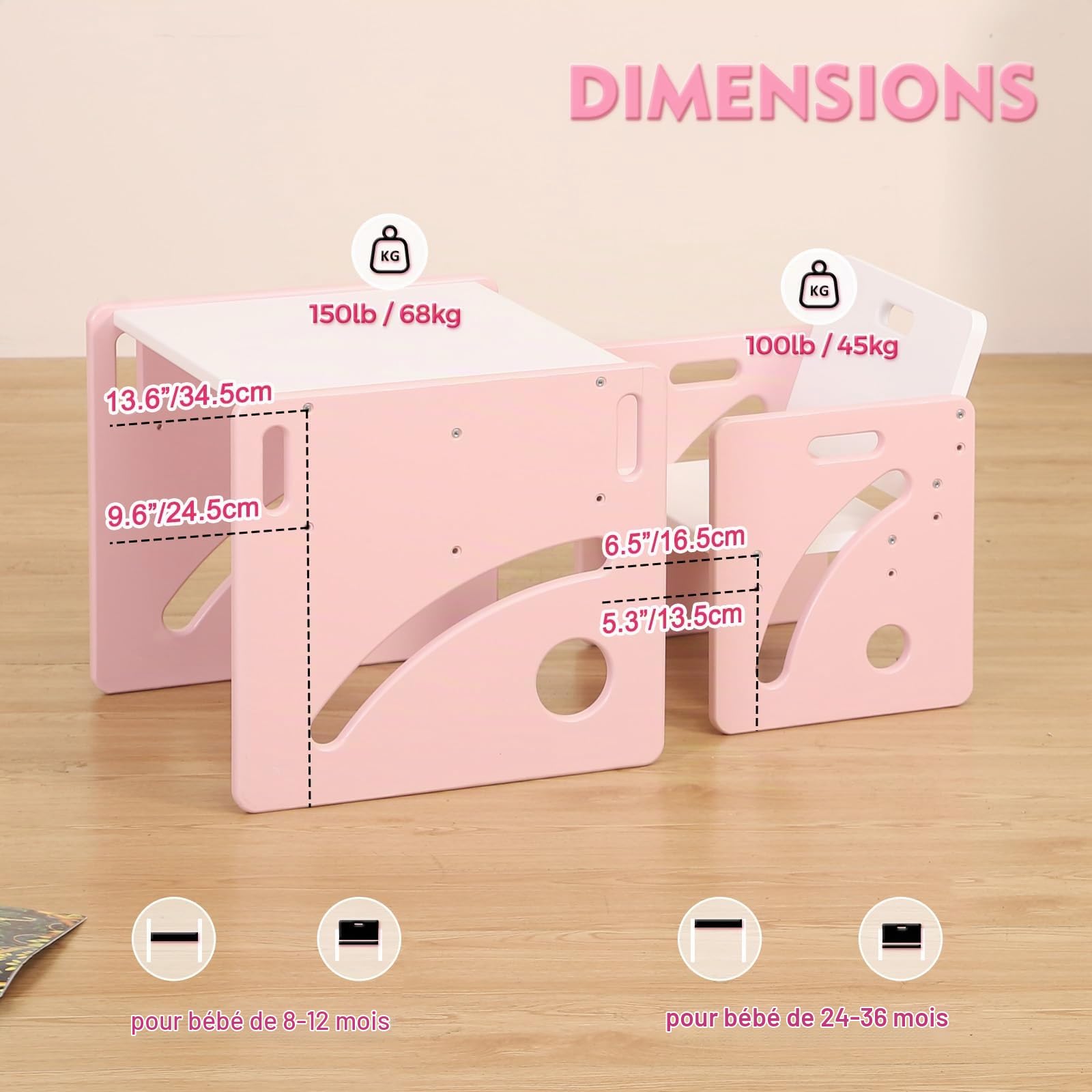 FUNLIO Ensemble Table et Chaise Montessori pour bébés de 1 à 3 Ans, Table et Chaise Ajustables en Hauteur pour la Lecture, Les Repas et Le Jeu, Facile à Assembler, certifié CPC - Rose