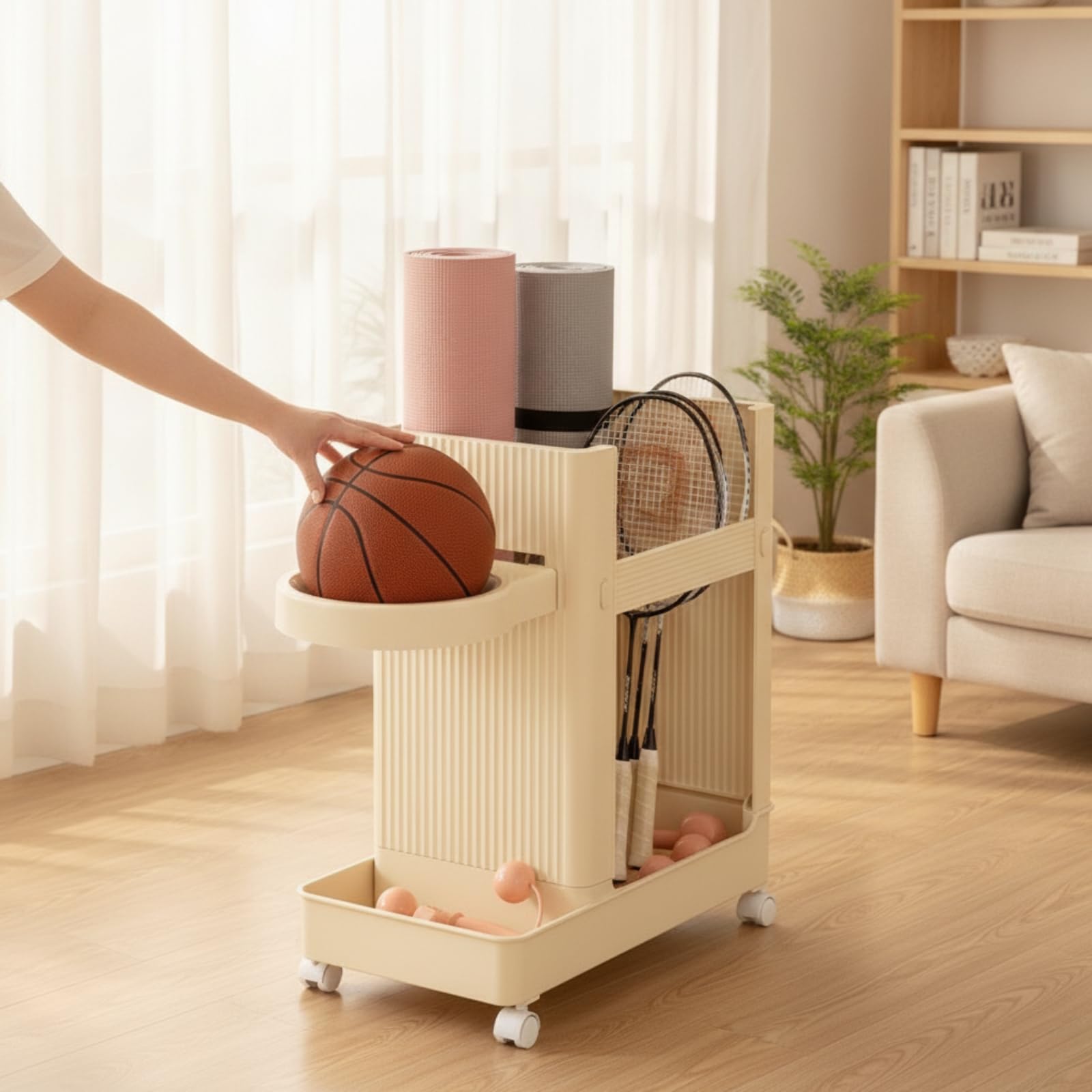 Sportgeräte Wagen Sport Aufbewahrungswagen Ballständer Regal Organizer Mobil mit Rollen aus Material für Heimfitness Garage Wohnzimmer, Engelweiß