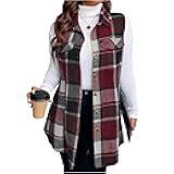 Plaid Vest for Women Fall Cozy Lapel Neck Button Down Long Vest Oversized Sleeveless Flannel Shacket Casual Waistcoat
