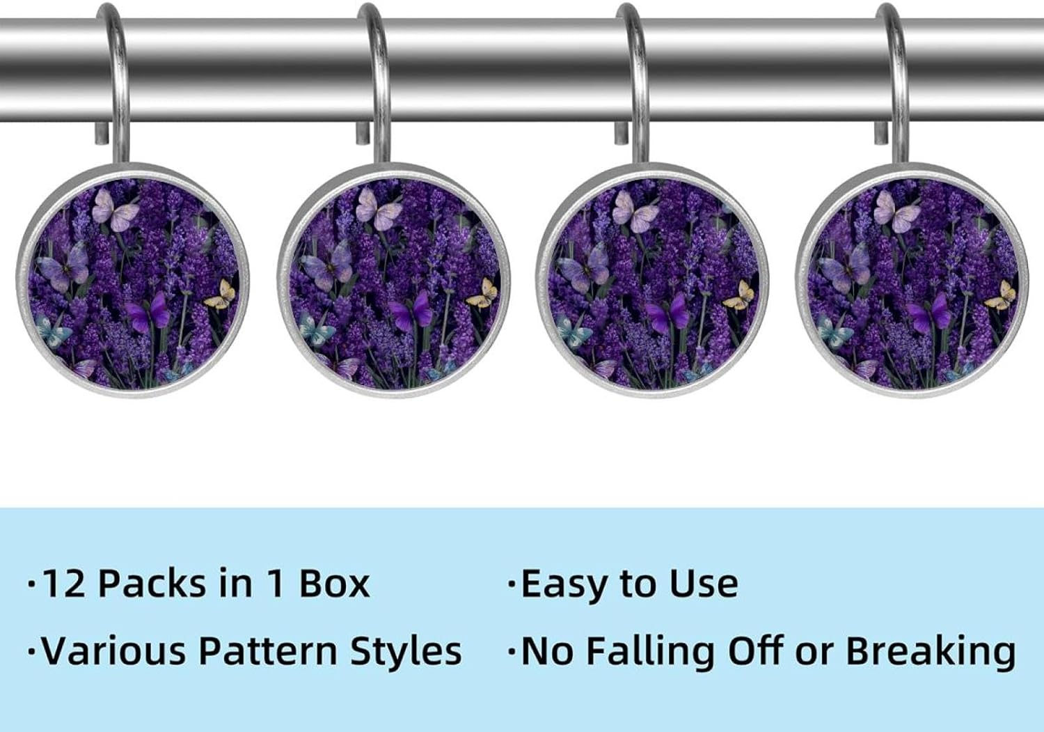 12PCS Lavender Butterfly Flowers Purple Floral (3) Shower Curtain Hooks Rings for Bathroom, Decorative Shower Curtain Hooks Rods Curtains and Liner