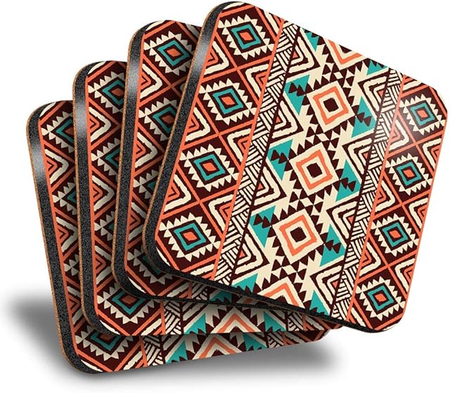 Destination Vinyl ltd Great Coasters (Set of 4) Square - Navajo Ethnic Tribal Boho Hippy Drink Glossy Coasters/Tabletop Protection for Any Table Type #21931