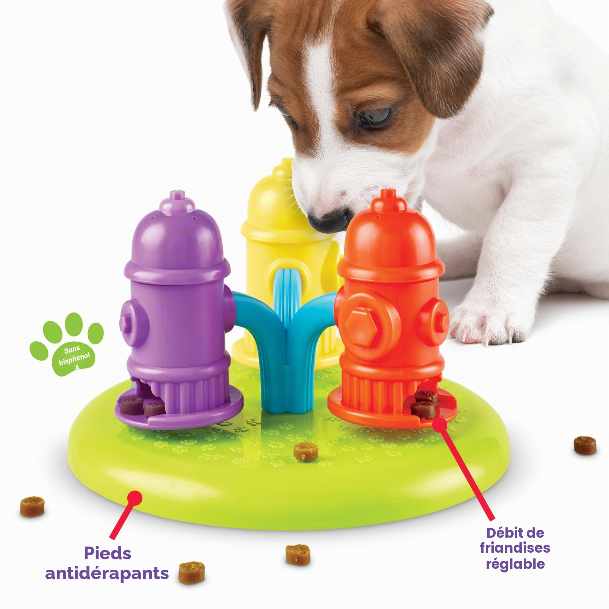 BrightKins Puzzle Distributeur de friandises en Forme de bouches d’Incendie tournantes pour Animaux de Compagnie, Jouets interactifs pour Chiens, Jeu interactif d’Alimentation Lente, 3 Niveaux