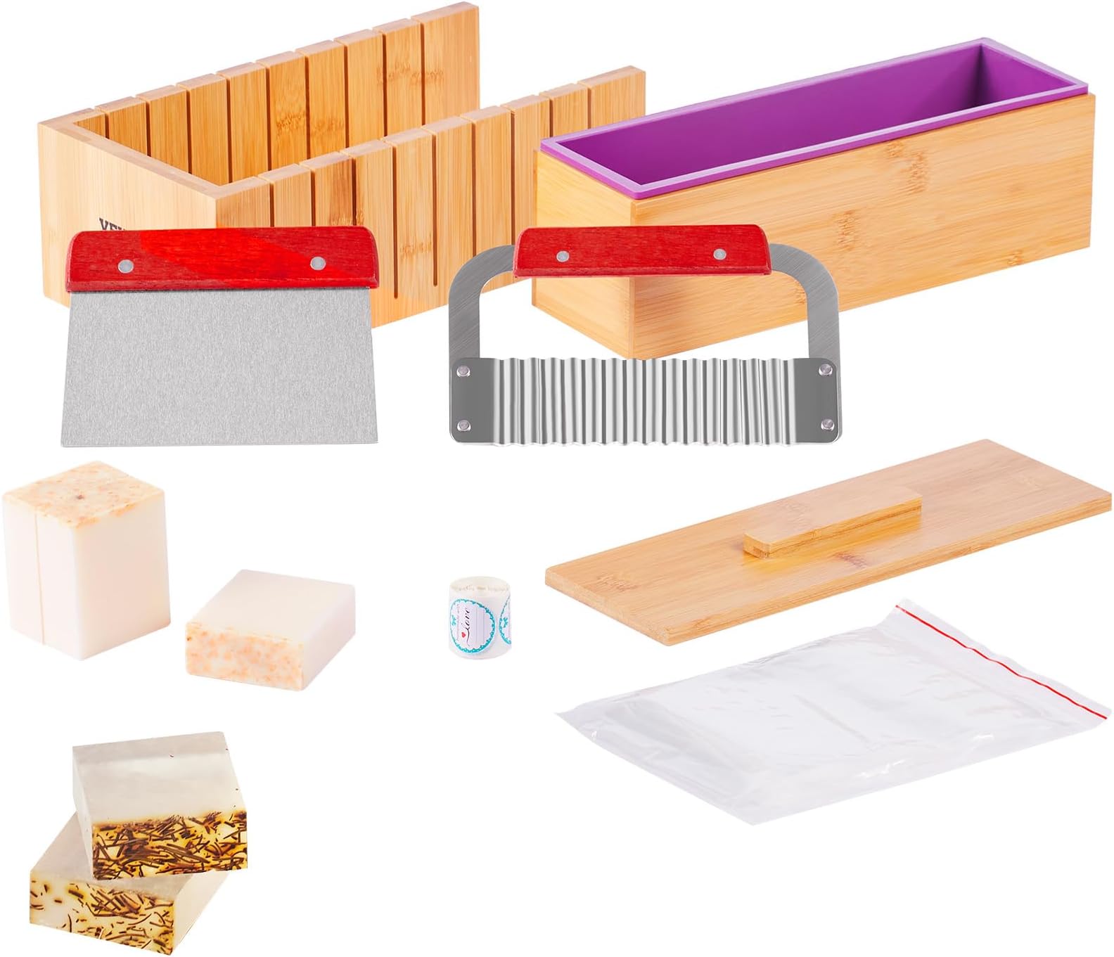 VEVOR Soap Making Kit, Bamboo Cutting Box and Inner Box with Silicone Mold, Stainless Steel Straight Cutter and Wavy Cutter, 100 Bags and 105 Stickers, Soap Making Supplies DIY Kits for Adults