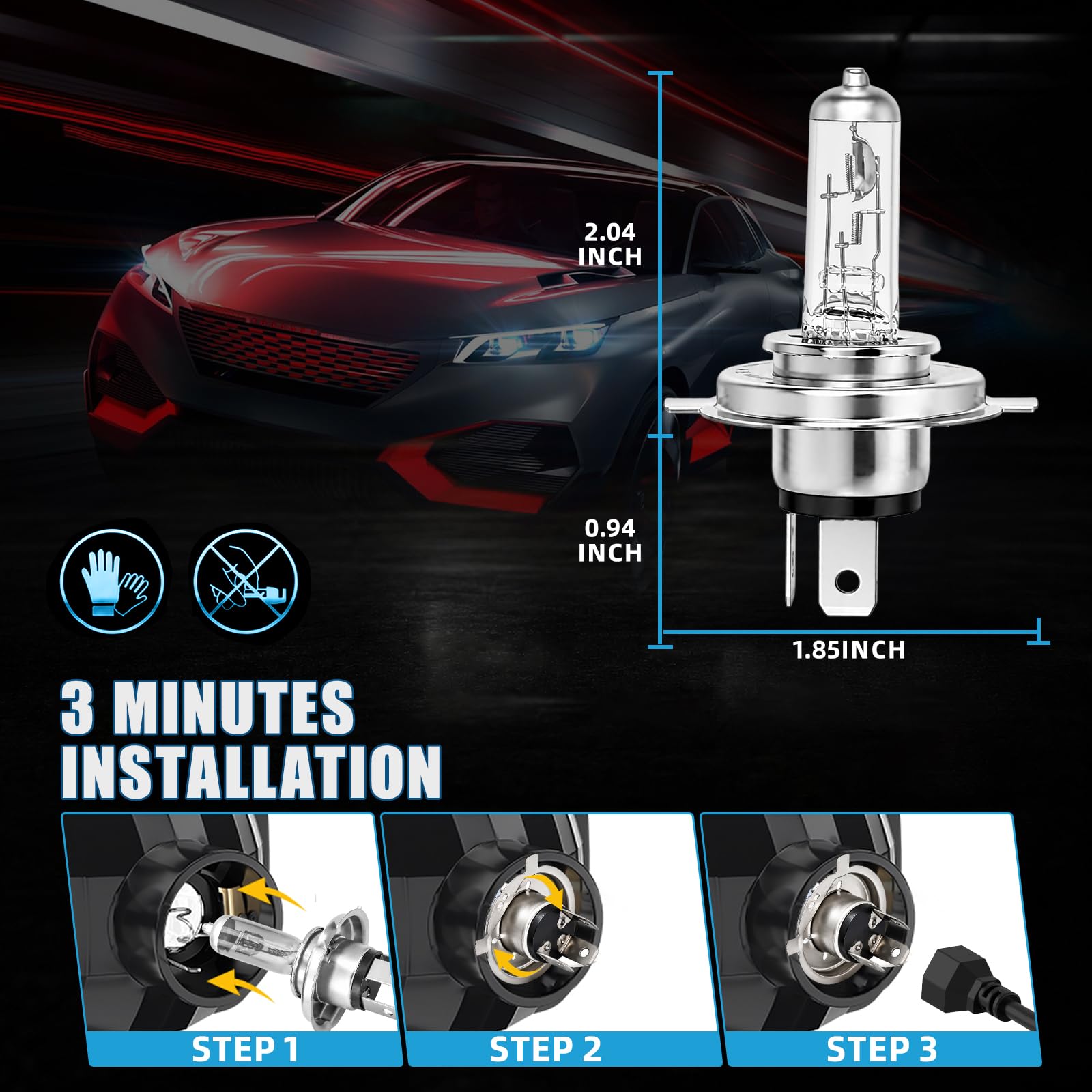 H4 Halogène, 55W 220% de Luminosité 12V pour Phares de Voiture, 2 Pièces