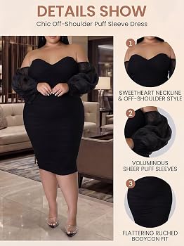 EDITCOZY Women Plus Size Dresses Curvy Off Shoulder Long Sleeve Cocktail Wedding Guest Bodycon Club Midi Dress Black XL : Clothing, Shoes & Jewelry