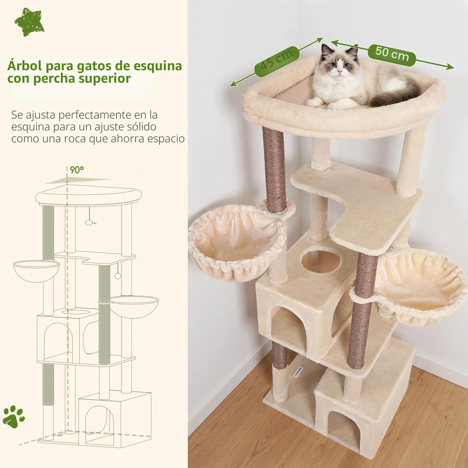 Globlazer Árbol Rascador Beige Esquinero Alto 163 cm con 2 Grande Nidos 45*30*30CM, Inmenso Plataforma Acolchada, 2 Suave Cesta, 4 Postes de Sisal, Estable Rascador para 2-4 Gatos Adulto (C64, Beige)