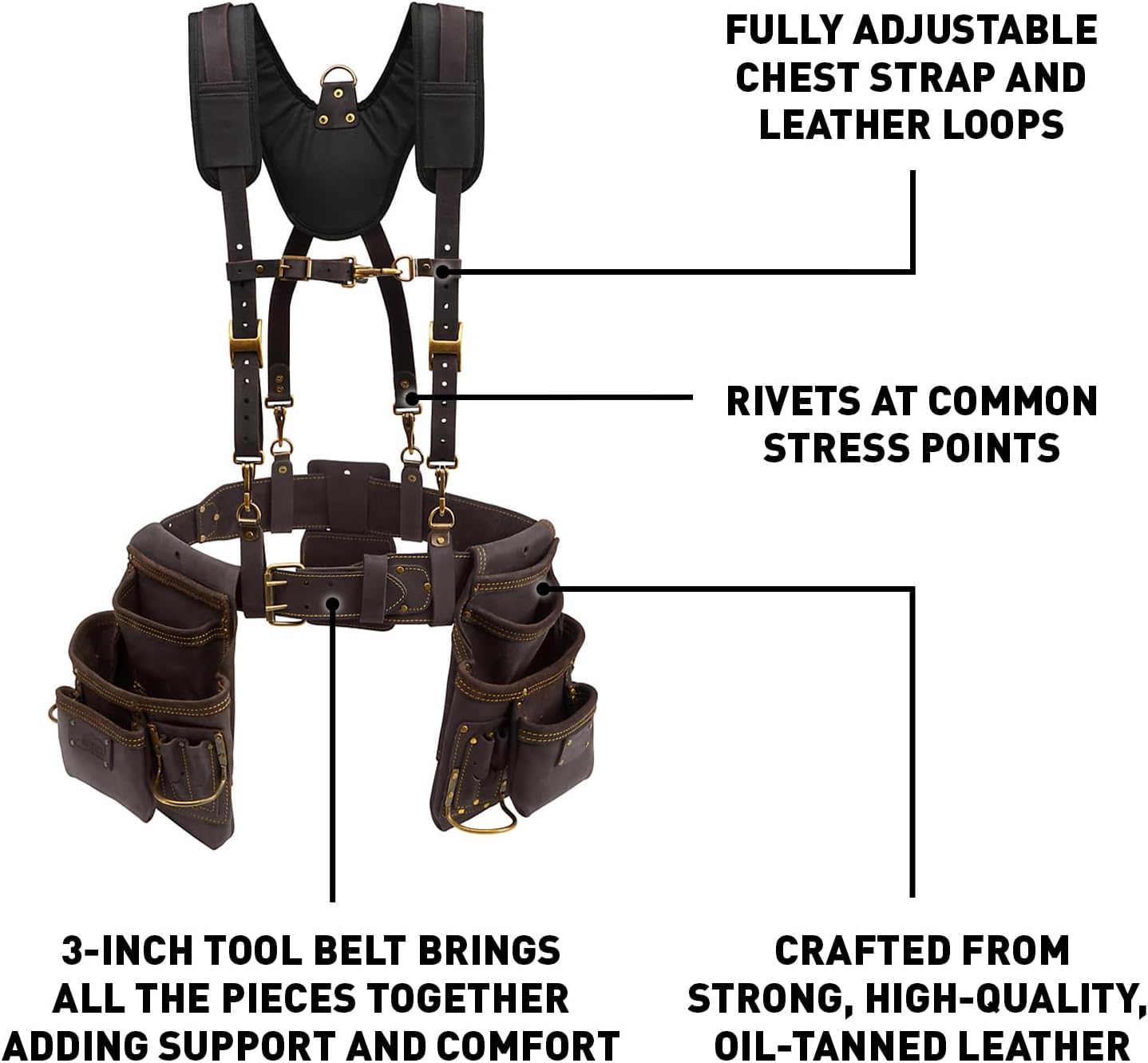 OX Pro Oil Tanned Leather Framing Rig with Padded Suspenders Leather Carpenter Tool Belt with Suspenders and Tool Pouches Dual Hammer Holsters OX-P263609