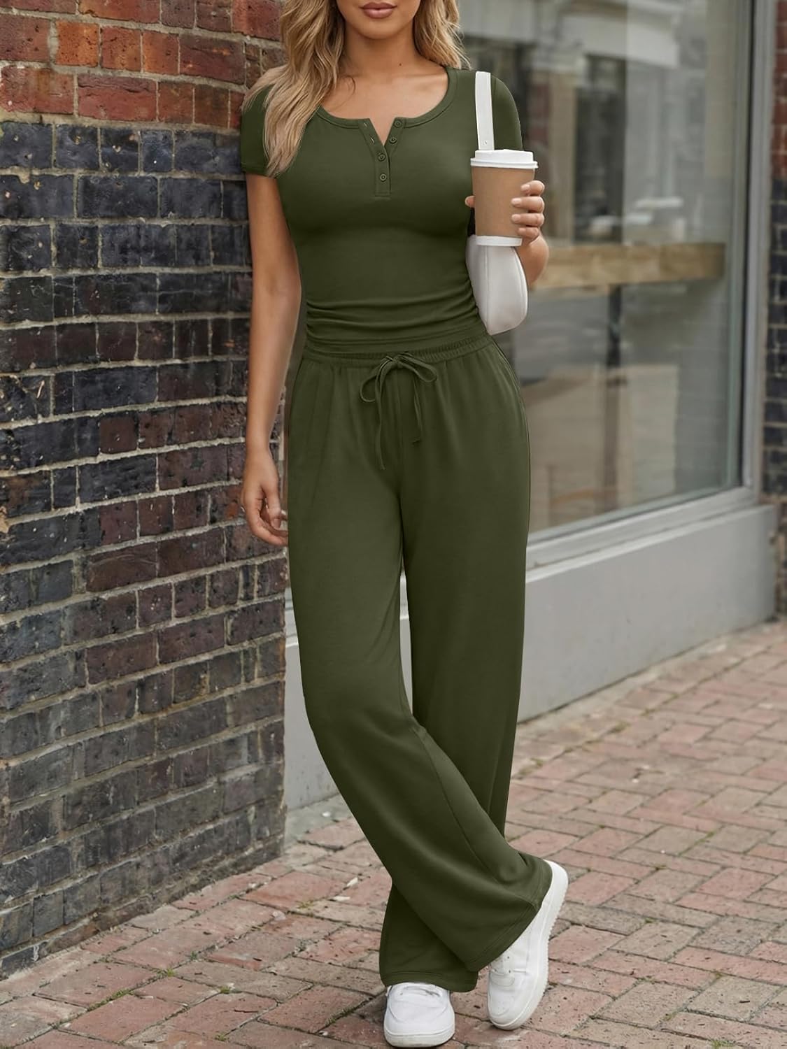 Trendy Queen Women's 2 Piece Matching Lounge Sets Summer Henley Neck Slightly Crop Top Wide Leg Pants Casual Sweat Suit - Image 5