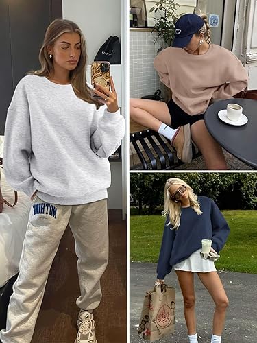 Miniatura 5 de ATHMILE Sudadera de gran tamaño para mujer, cuello redondo, forro polar, manga larga, sudaderas con capucha, tops de otoño, ropa de moda 2025