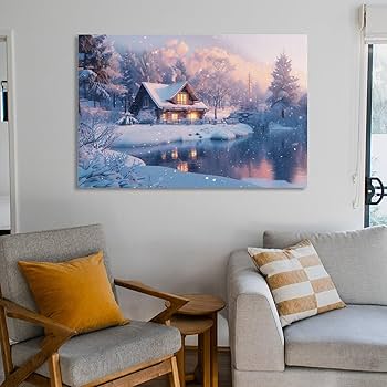 Amazon.co.jp: 絵画 雪の中の小屋インテリア 絵画 美しい自然の