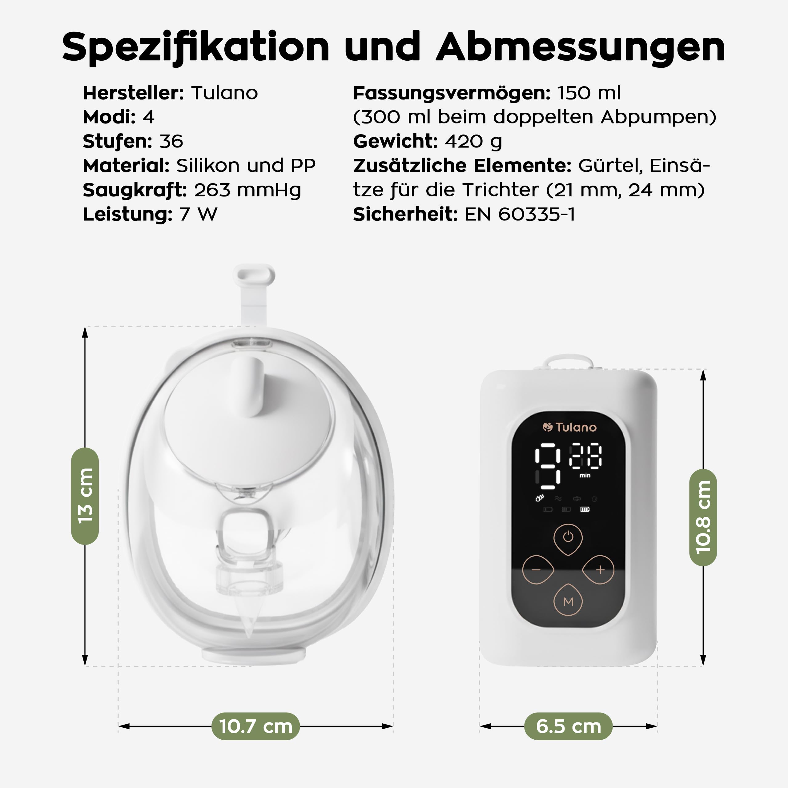 Tulano Olly 45 Doppelmilchpumpe elektrisch – Freihändig – 36 Stufen | Beidseitiges Abpumpen mit 300 ml Gesamtvolumen – 4 Programme – bis 90 Min. Akku – Trichtereinsätze 21 24 28 mm – Weiß